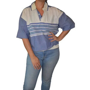 Vintage Envoy Polo Shirt Size L Blue & White Striped Short Sleeve Cotton Polyest